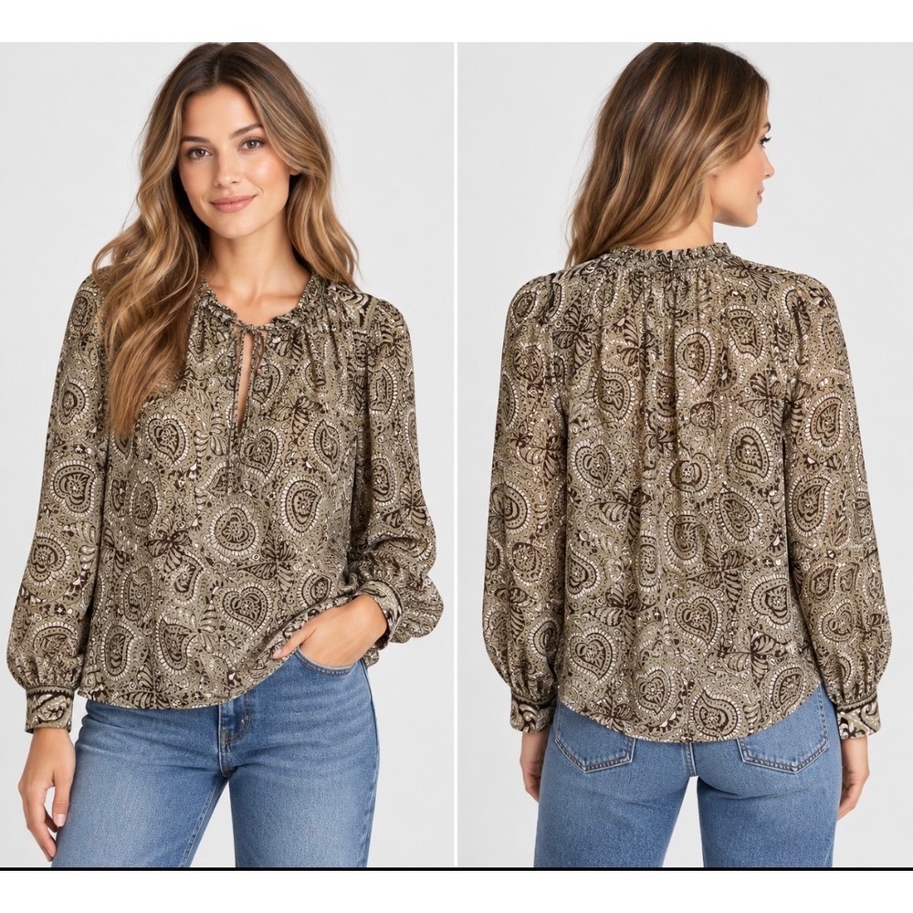 Gerard Darel Ulyana Paisley Peasant Blouse Size 1/S Tie Neck Boho Top Olive Tan